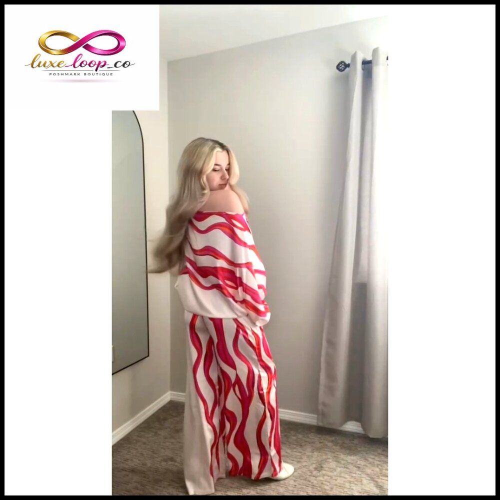 Satin Wide Leg Pant Set Off Shoulder Long Sleeve Loose Fit 2 Piece Outfit - Picture 4 of 6